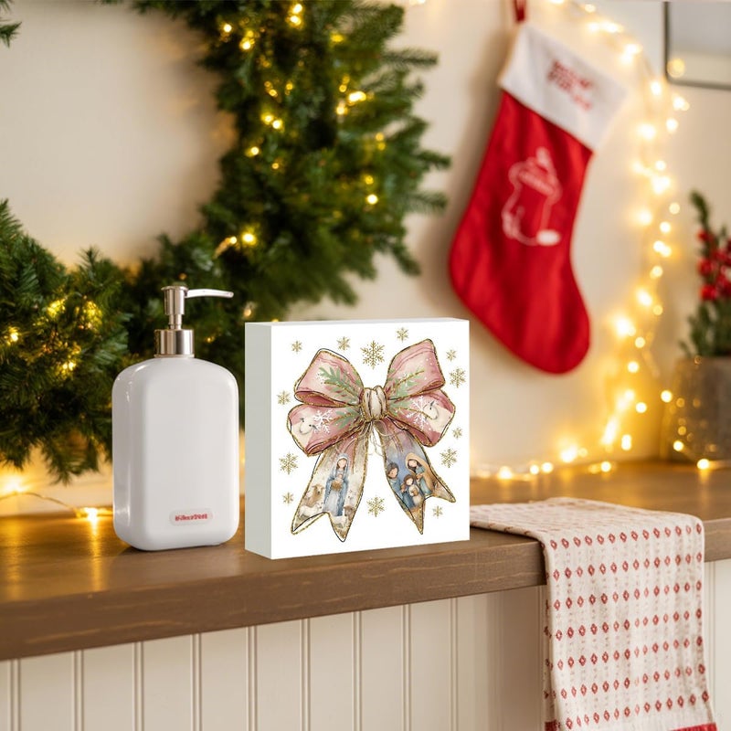 FXEFXE Pink Christmas Decor, Christian Christmas Decorations Indoor, Glitter Bow Nativity Scene Snowflake Sign Gift for Women Friends, Rustic Wooden Box Sign for Home Office Bedroom Desk Decor 5x5 Inches - Image 4
